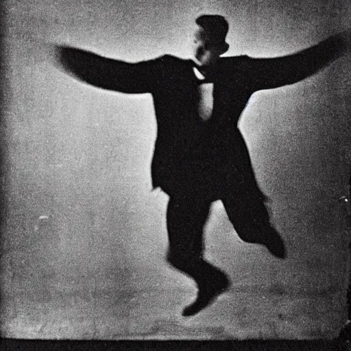 Prompt: a smudged, scratched, grainy and blurry photograph showing the whole body of a man dynamically and frenetically dancing in a dark room twisting his body, edwardian photograph, taken with soviet flash camera at slow shutter speed