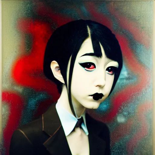 Image similar to yoshitaka amano blurred and dreamy three quarter angle portrait of a young woman with black lipstick and black eyes looking up and to the side wearing dress suit with tie, junji ito abstract patterns in the background, satoshi kon anime, noisy film grain effect, highly detailed, renaissance oil painting, weird portrait angle, blurred lost edges