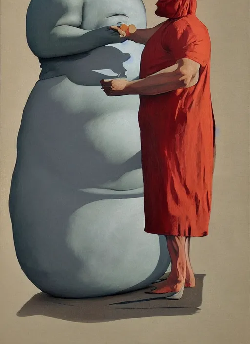 Image similar to large fat man in dress made from plastic bag with paper bags for clothes standing inside paper bags with paper bag over the head at store display Edward Hopper and James Gilleard, Zdzislaw Beksinski, highly detailed