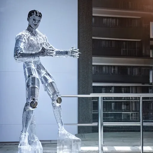 Image similar to made of ice, a realistic detailed photo of a guy who is an attractive humanoid who is half robot and half humanoid, who is a male android, on display, blank stare, showing off his muscles, shiny skin, posing like a statue, by the pool, frozen ice statue, f 1 driver max verstappen, humanoid robot