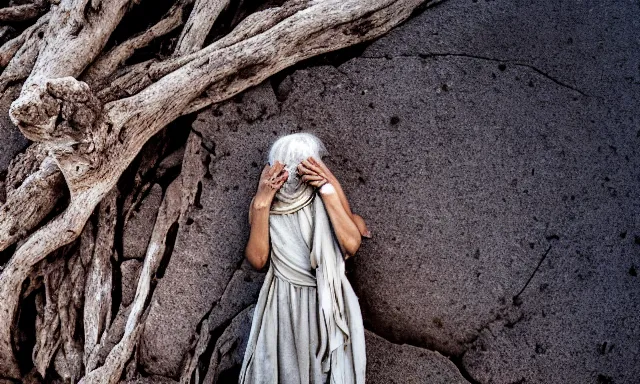 Image similar to medium shot of a nondescript crying ancient dried up Danu, peaceful, facing the camera and standing in front of a dried up river in a desolate land, dead trees, blue sky, hot and sunny, highly-detailed, elegant, dramatic lighting, artstation, 4k, cinematic landscape, photograph by Elisabeth Gadd