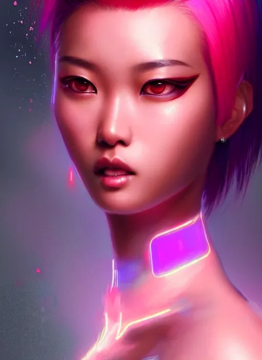 Image similar to portrait of asian female humanoid, crew cut colored hair, very details, elegant, cyber neon lights, highly detailed, digital illustration, trending in artstation, trending in pinterest, glamor pose, concept art, smooth, sharp focus, art by artgerm and greg rutkowski