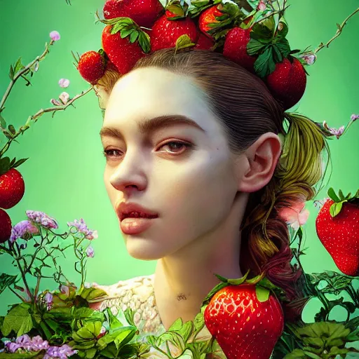 Prompt: the portrait of an absurdly beautiful, graceful, elegant, young woman made of strawberries and green petals, an ultrafine hyperdetailed illustration by kim jung gi, irakli nadar, intricate linework, bright colors, octopath traveler, final fantasy, angular, unreal engine 5 highly rendered, global illumination, radiant light, detailed and intricate environment
