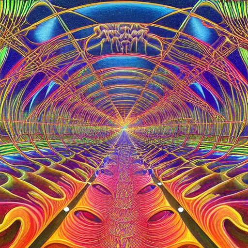 Image similar to beautiful and highly detailed painting of the inside of a dmt hyperspace filled with intricate and perfect patterns surrounded by infinite detailed rooms by moebius and alex grey