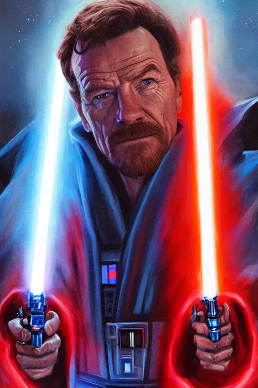 Prompt: Bryan Cranston as a Jedi Master wielding a red and blue lightsaber, looking at the viewer, detailed face, high contrast, highly detailed, digital painting, sharp focus, trending on artstation, masterpiece, concept art, illustration, Star Wars art, art by greg hildebrandt + clayton crain + greg rutkowski