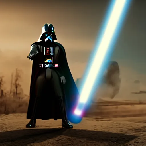 Image similar to Darth Vader in world war 2 footage, splash art, movie still, cinematic lighting, dramatic, octane render, long lens, shallow depth of field, bokeh, anamorphic lens flare, 8k, hyper detailed, 35mm film grain