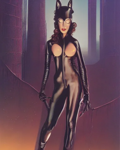 Image similar to a woman dressed in a catwoman costume, a matte painting hans larwin and rudolf sieber lonati and gilbert williams, cgsociety, transgressive art, darksynth, synthwave, reimagined by industrial light and magic