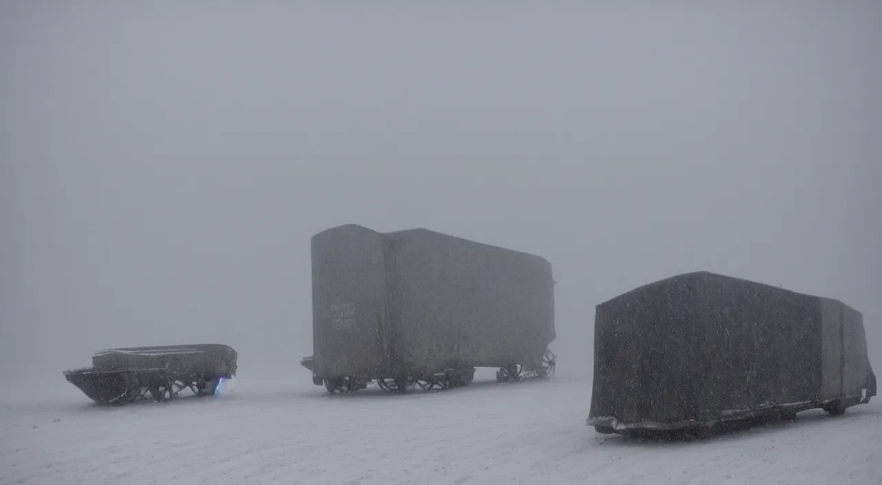 Prompt: “photo of one biomechanical mammoth/wagon/mamouth in an arctic storm with fog and blizzard, the mammoth drags old gigantic coal wagons with snow, it's a sunset photo with cold tones, some people around ”