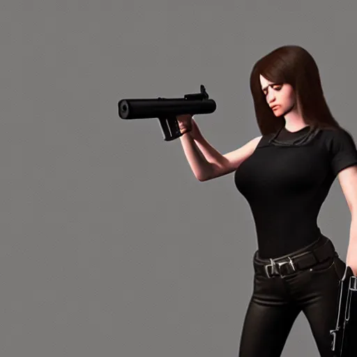 Image similar to photograph of a young woman wearing a all black clothes holding a Gun, detailed, artstation, concept art, Unreal Engine 5 render, gameplay showcase, 8K