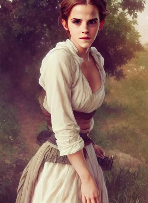 Prompt: portrait emma watson as 21th century country girl, full length shot, shining, 8k highly detailed, sharp focus, illustration, art by artgerm, mucha, bouguereau