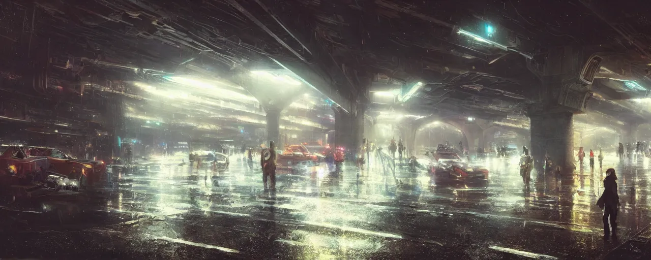 Image similar to under a highway bridge of a cyberpunk city, rain, night, flying shuttles, advertising pannels, rays of light, james gurney, greg rutkowski, unreal engine 5, artstation, sharp focus, award winning