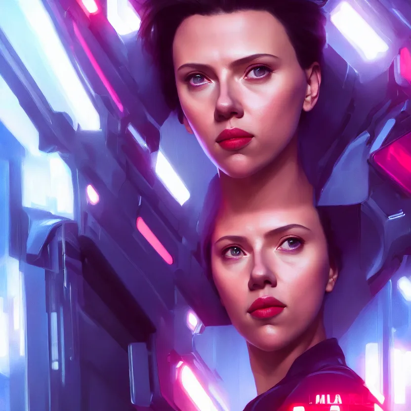 Image similar to 3 / 4 portrait, scarlett johansson as major mira killian from ghost in a shell, night, crop top, beautiful, in a modern city, neon signs, jewelry, artstation, william bouguereau, rossdraws, greg rutkowski, super detailed, realistic, octane render, volumetric, cinematic, 8 k