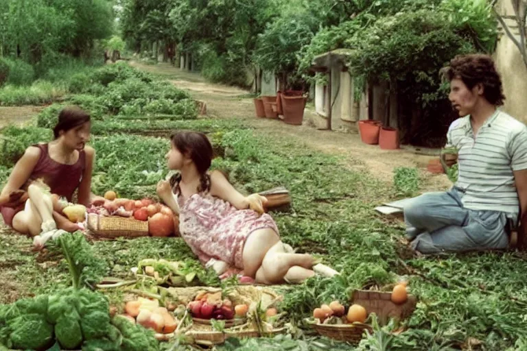 Image similar to An Utopia : In a large city, old roads are transformed into a gardens growing fruits and vegetables, a family composed of two women from different etnicity and a genderless child, are having a Picnic and reading philosophy by Eric Rohmer, close-up, 8K, award winning movie, 16mm, very beautiful, stunning, calm atmosphere, warm