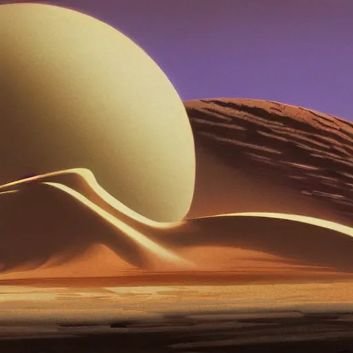 Image similar to a syd mead and ralph maquarrie style matte painting of a spiral building standing on a huge crater in tropical desert