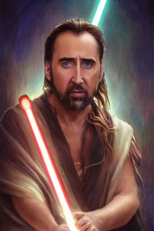 Image similar to a dramatic ethereal epic painting of nicolas cage as qui-gon jinn | tarot card, art deco, art nouveau, realistic | detailed face, cinematic lighting | by Dresden Codak, by Mark Maggiori and Alphonse Mucha | trending on artstation