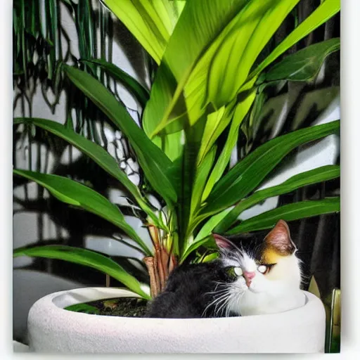 Image similar to cat hiding behind a potted philodendron plant by nxoeed