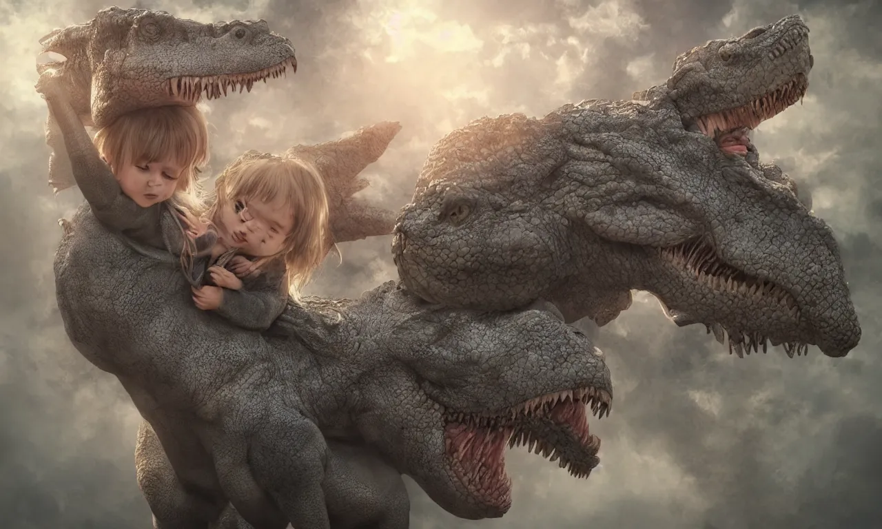 Image similar to portrait of a little girl cuddling with her beloved tyrannosaurus, very high detail, raytracing, back light, raymarching, by ilm, by digital domain, by weta digital