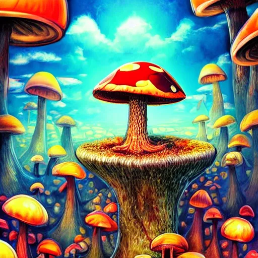 Image similar to trippy angry mushroom eat a meat, acrilic paint, digital, artstation, detailed intricate ink illustration, heavenly atmosphere, digital art, overdetailed art, concept art, complementing colors, trending on artstation, cgstudio, the most beautiful image ever created, dramatic, subtle, details, award winning artwork, beautiful scenery