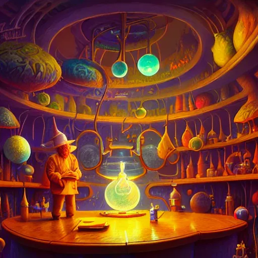 Image similar to beautiful detailed realistic illustration of a wizards laboratory, cinematic, rob gonsalves, paul lehr, john stephens, archan nair, anton fadeev, josan gonzalez, hi - fructose, artgerm, wlop, 8 k