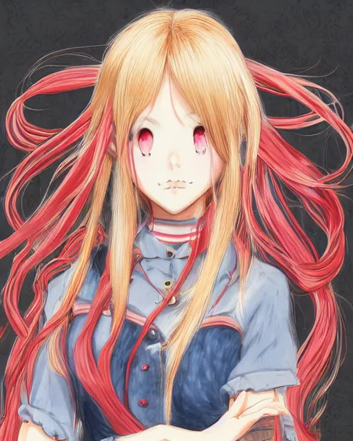 Image similar to illustration of a blonde twintails hair with ribbons anime girl with red eyes in the style of studio ghibli, ayami kojima, akihiko yoshida and 90's anime