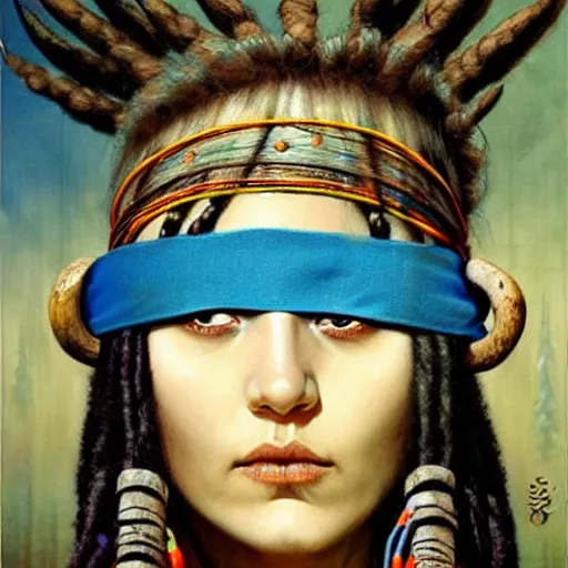 Image similar to A young blindfolded shaman woman with a decorated headband, in the style of heilung, blue hair dreadlocks and wood on her head., made by karol bak