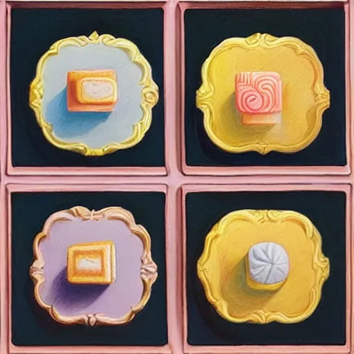 Prompt: painting of fancy pastel baroque petit fours by greg hildebrandt