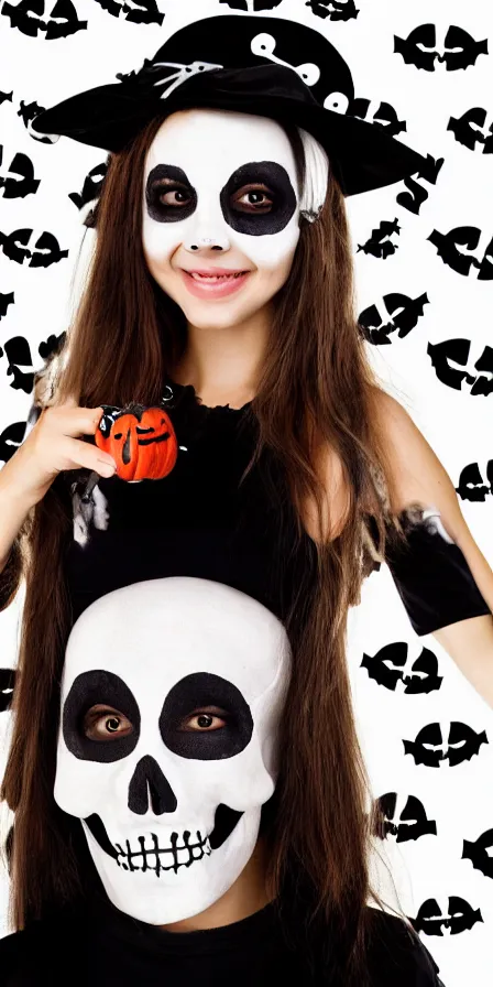 Image similar to photorealistic illustration girl smiling dressed in skull and crossbones halloween costume