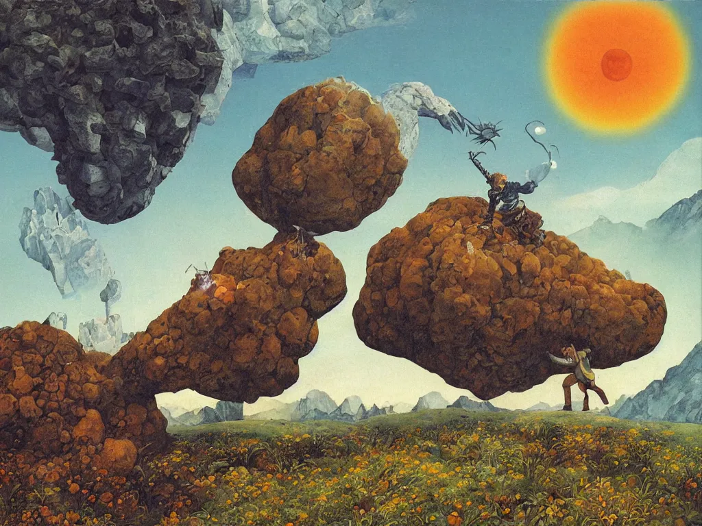 Prompt: Man pushing a giant strange jagged boulder on an alien planet. Unicorn with flower field, icy mountains, comet. Painting by Lucas Cranach, Roger Dean