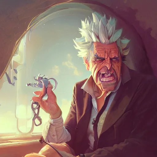 Image similar to Rick Sanchez, artists portrait, fantasy, highly detailed, digital painting, concept art, sharp focus, depth of field blur, illustration, art by artgerm and greg rutkowski and alphonse mucha