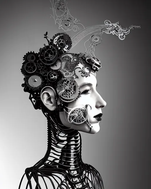 Image similar to black and white dreamy foggy smoky profile face portrait, one silver steampunk realistic eye biomechanical beautiful young female cyclope - cyborg - robot bust, body ribs meshes,, volumetric light, hibiscus flowers, by hg giger, rim light, by dora maar and cecile beaton, big gothic fashion pearl embroidered collar, 8 k