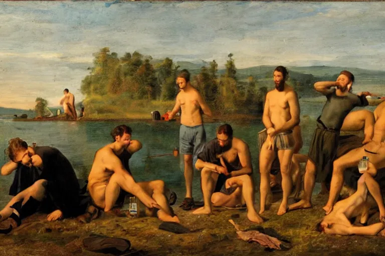 Image similar to mid - thirties guys binge drinking in front of a lake, in the style of skovgaard