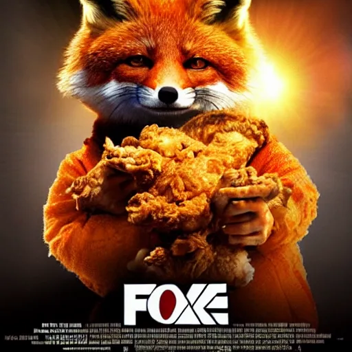 Image similar to action movie poster, featuring anthropomorphic fox sticking his head out of a pile of fried chicken, promotional advertising poster media