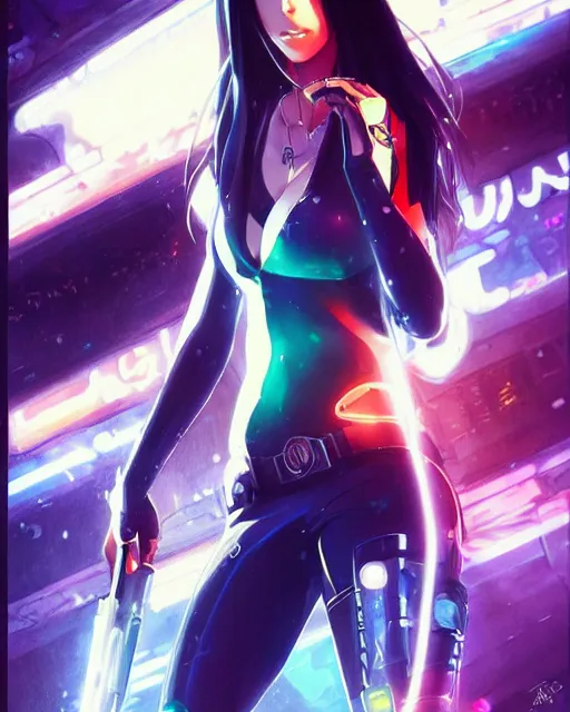 Image similar to anime key visual of megan fox as a police officer, neon, cyberpunk, futuristic, stunning, highly detailed, digital painting, artstation, smooth, soft focus, illustration, art by artgerm and greg rutkowski and alphonse mucha