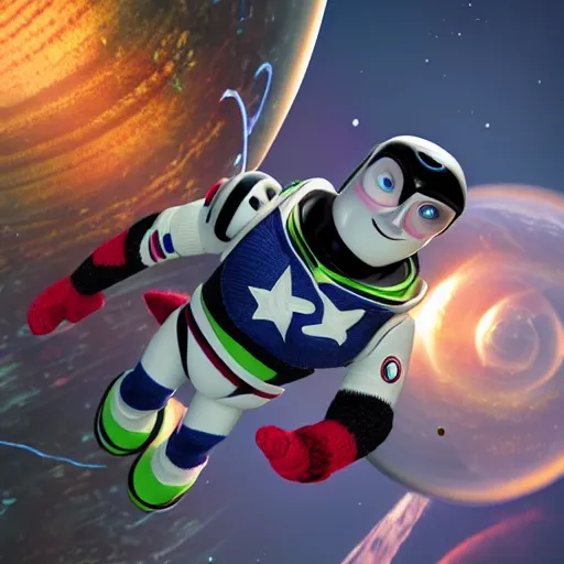 Prompt: a photorealistic photograph of a knitted Buzz Lightyear as Captain America flying through outer space featuring shield Trending on Artstation, featured on Behance, well-rendered, Unreal Engine, 4K HD