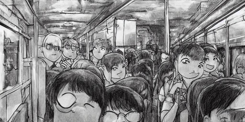 Image similar to inside sri lankan bus, drawn by hayao miyazaki