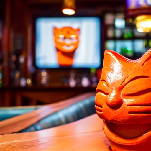 Image similar to a closeup photorealistic photograph of a glossy orange cat garfield style tiki mug sitting at a trader vic's bar featuring garfield's face. tiki party. bright scene. fine detail. this 4 k hd image is trending on artstation, featured on behance, well - rendered, extra crisp, features intricate detail, epic composition and the style of unreal engine.