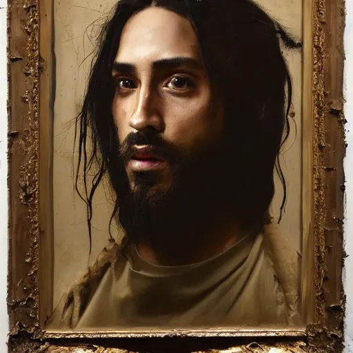 Image similar to a portrait of jesus wearing jerry lorenzo streetwear by nicola samori, oil painting, realistic, 8 k, fear of god style