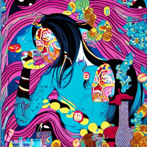 Image similar to pharmaceutical drugs by tristan eaton and james jean, chiho aoshima color scheme