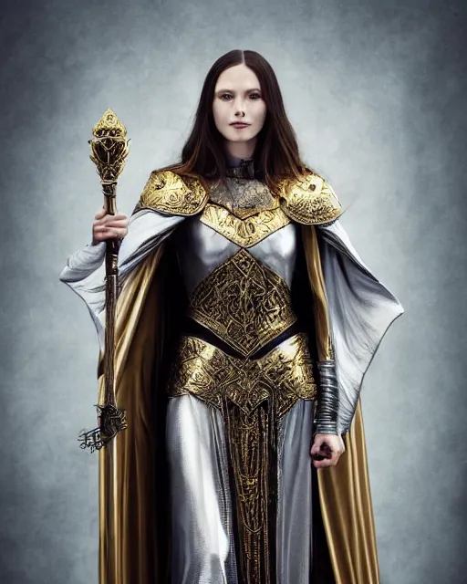 Image similar to a portrait of a muse of beauty, Elspeth Knight Errant, long flowing cape and cowl, silver and gold heavy armor, long magical staff with ruby gems, young female face, rune magic, cinematic top lighting, insanely detailed and intricate, face by wlop, Charlie Bowater, golden ratio, symmetric, elegant, ornate, luxury, elite, matte painting, MTG, magic the gathering, cinematic, cgsociety, 8k, high resolution, trending on artstation, deviantart and pinterest