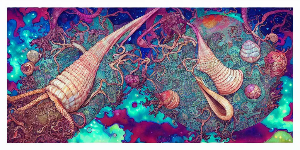 Prompt: hyper detailed conch shell, cool color palette + painterly + james jean + kaleidoscope, psychedelic, cosmic energy by Kelly McKernan, yoshitaka Amano, hiroshi yoshida, moebius, loish, artgerm, gothic, inspired by dnd, grimdark aesthetic, painterly, symmetrical and detailed