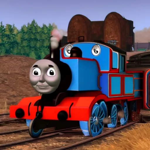 Prompt: thomas the tank engine in the video game twisted metal.