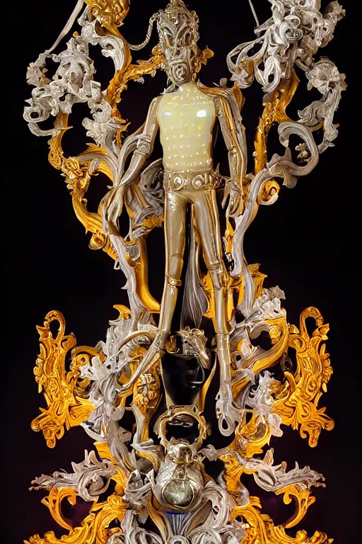 Prompt: full-body neon porcelain bladerunner and rococo style sculpture of a young handsome Cuban prince wearing retro shades and a gold chain, half android face, porcelain chest opening exposing circuitry and electric sparks, glowing laser beam eyes, crown of giant diamonds, flowing neon-colored silk, fabric, raptors. baroque elements. full-length view. baroque element. intricate artwork by caravaggio. many many birds birds on background. Trending on artstation, octane render, cinematic lighting from the right, hyper realism, octane render, 8k, depth of field, 3D