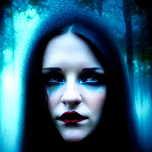 Prompt: Riveting Charismatic brunette female vampire, portrait, atmospheric lighting, painted, intricate, Highgate cemetery, mist, cold, volumetric lighting, beautiful, blue moon light, sharp focus, deep colours, ultra detailed, by Leesha Hannigan, Ross Tran, Thierry Doizon, Kai Carpenter, Ignacio Fernández Ríos