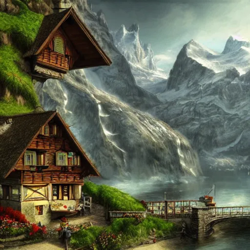 Image similar to Switzerland, high resolution fantasy concept art, realistic, intricate details