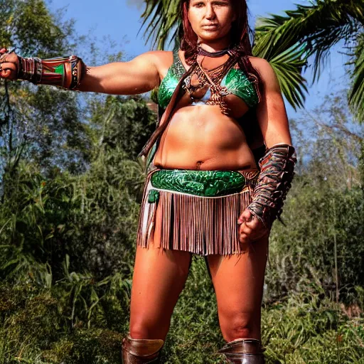 Prompt: long shot photo a Caucasian female amazon warrior with malachite armour