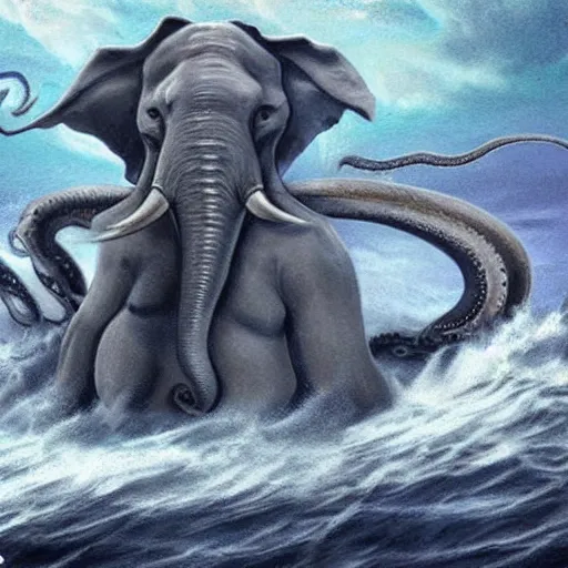 Image similar to angry elephant cthulu with eyes and tentacles at sea storm hyperrealistic