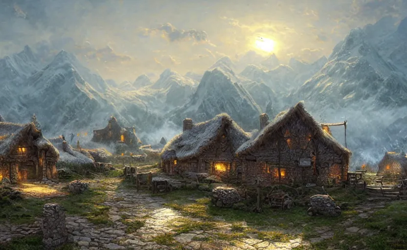 Prompt: ultra realistic landscape of viking village, by thomas kinkade and greg rutkowski