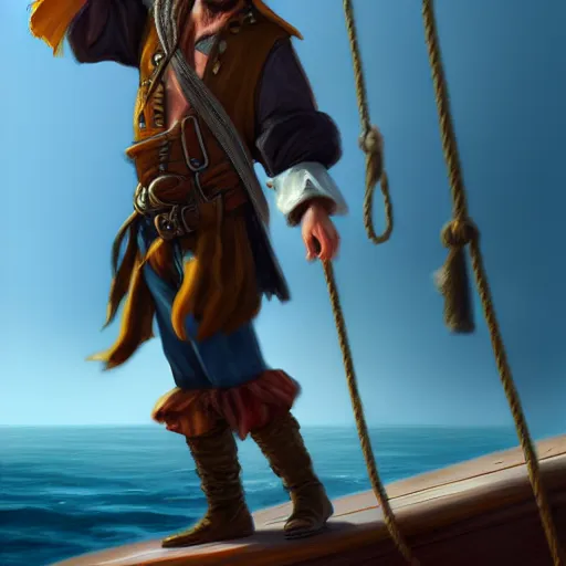 Prompt: closeup of a pirate standing on his ship, digital painting, artstation, by marco bucci