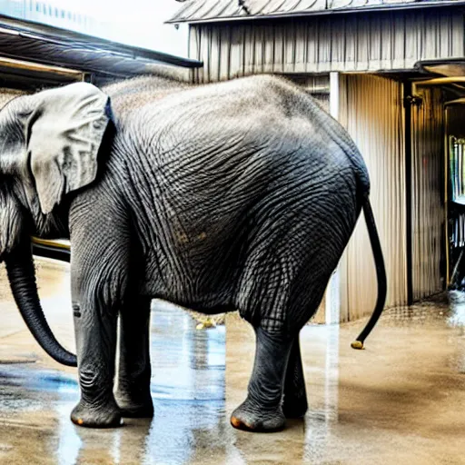 Prompt: an elephant in a car wash