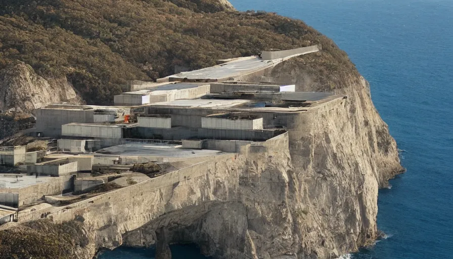 Prompt: big military base perched on a cliff overlooking a magnificient bay, laboratory, drawing architecture, pritzker architecture prize, greig fraser